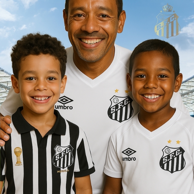 Pai e filhos torcendo para o Santos FC com alegria